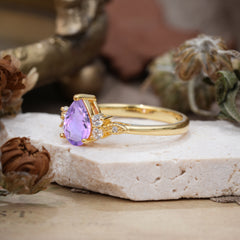 3 Prong Pear Cut Classic Lab Grown Amethyst Engagement Ring with Side Stone