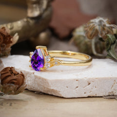 3 Prong Pear Cut Classic Amethyst Engagement Ring with Side Stone