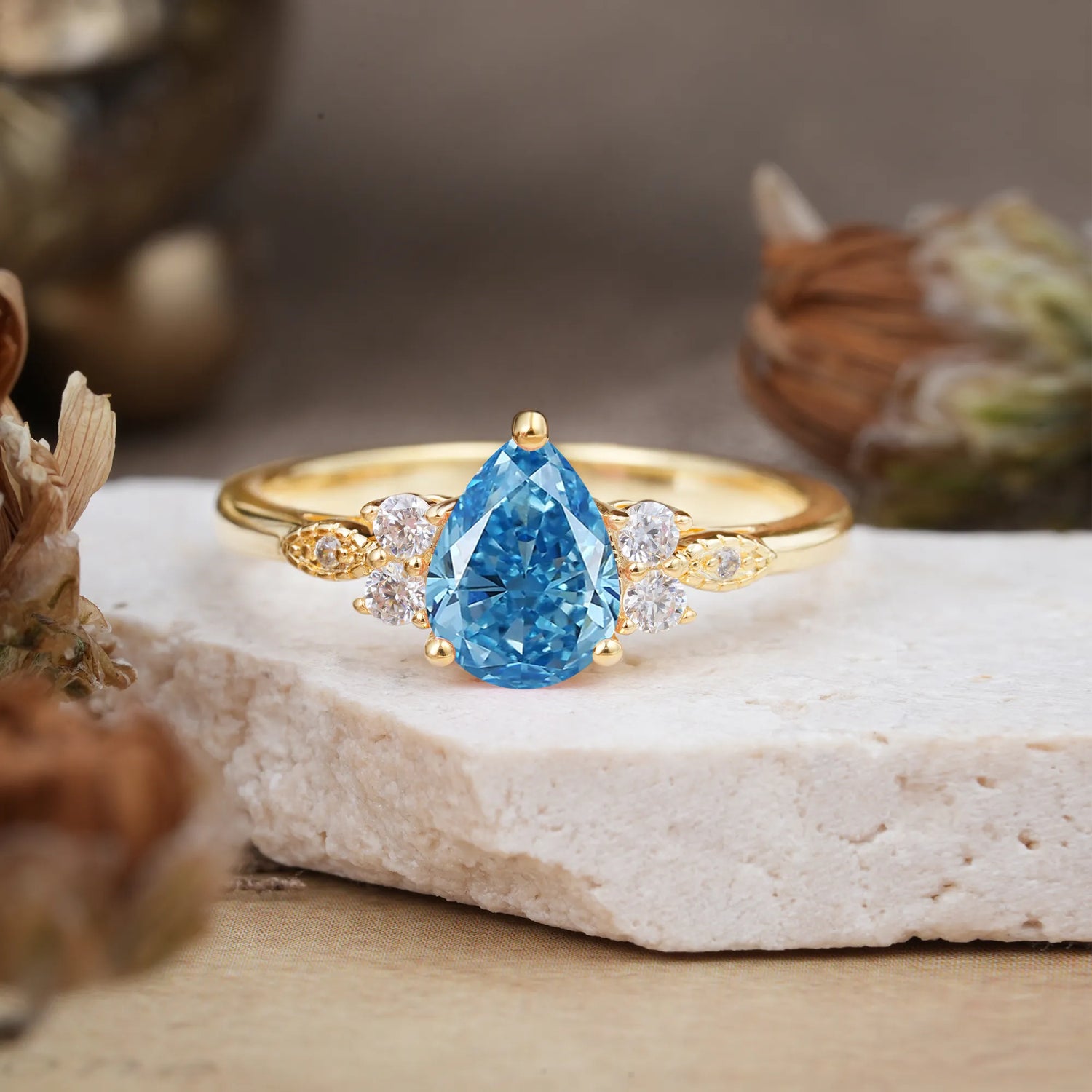 3 Prong Pear Cut Classic Lab Grown Aquamarine Engagement Ring with Side Stone