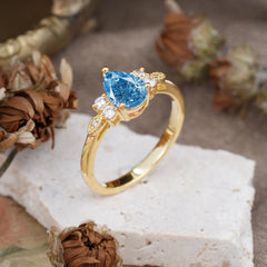 3 Prong Pear Cut Classic Lab Grown Aquamarine Engagement Ring with Side Stone