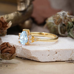 3 Prong Pear Cut Classic Lab Grown Aquamarine Engagement Ring with Side Stone