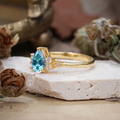 3 Prong Pear Cut Classic Lab Grown Aquamarine Engagement Ring with Side Stone