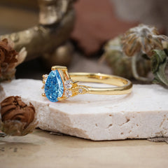 3 Prong Pear Cut Classic Lab Grown Aquamarine Engagement Ring with Side Stone