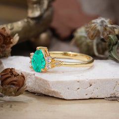 3 Prong Pear Cut Classic Lab Grown Emerald Engagement Ring with Side Stone