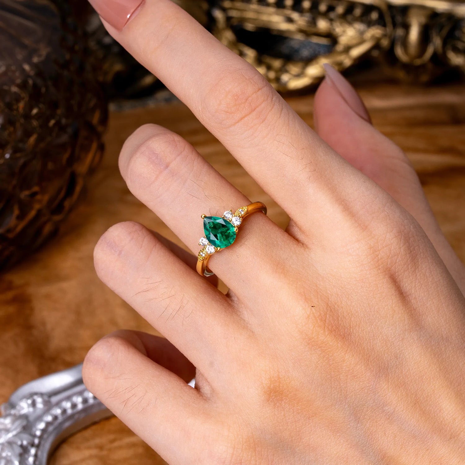 3 Prong Pear Cut Classic Lab Grown Emerald Engagement Ring with Side Stone