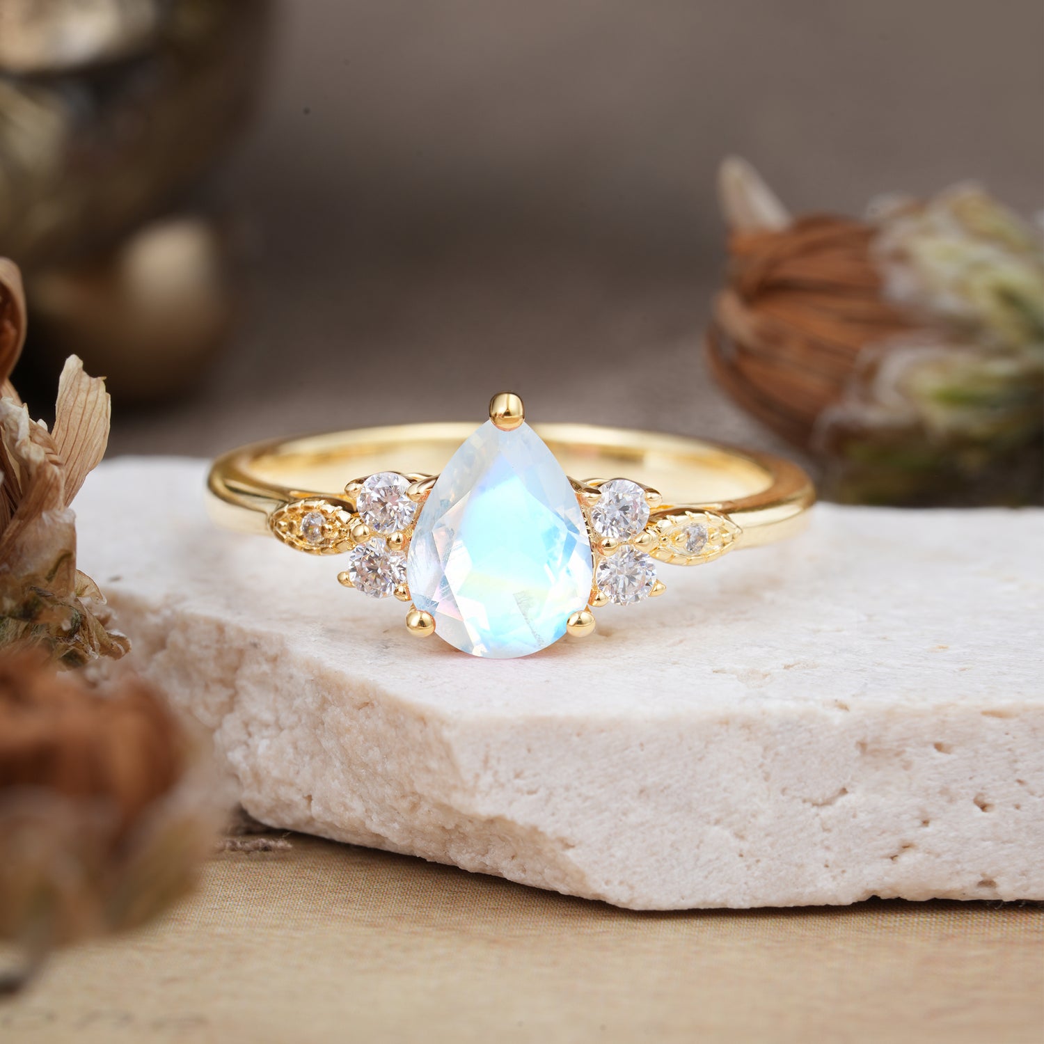3 Prong Pear Cut Classic Moonstone Engagement Ring with Side Stone