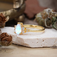 3 Prong Pear Cut Classic Lab Grown Moonstone Engagement Ring with Side Stone