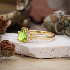 3 Prong Pear Cut Classic Lab Grown Peridot Engagement Ring with Side Stone