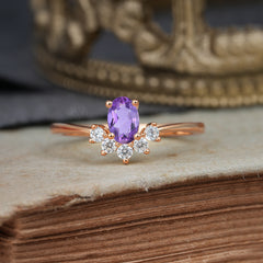 Oval Cut Unique Bottom Cluster Amethyst Anniversary Ring for Women