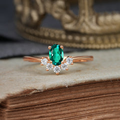 Oval Cut Unique Bottom Cluster Emerald Anniversary Ring for Women