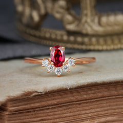 Oval Cut Unique Bottom Cluster Ruby Anniversary Ring for Women
