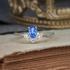 Oval Cut Unique Bottom Cluster Sapphire Anniversary Ring for Women
