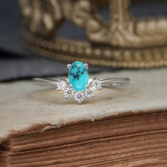 Oval Cut Unique Bottom Cluster Turquoise Anniversary Ring for Women