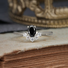 Oval Cut Unique Bottom Cluster Black Onyx Anniversary Ring for Women