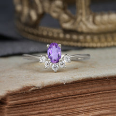Oval Cut Unique Bottom Cluster Amethyst Anniversary Ring for Women