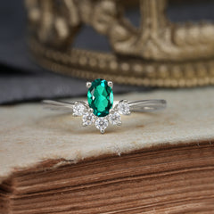 Oval Cut Unique Bottom Cluster Emerald Anniversary Ring for Women
