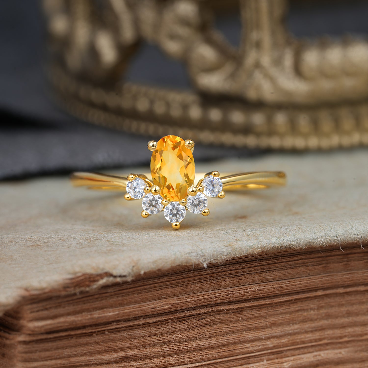 Oval Cut Unique Bottom Cluster Citrine Promise Engagement Ring for Women