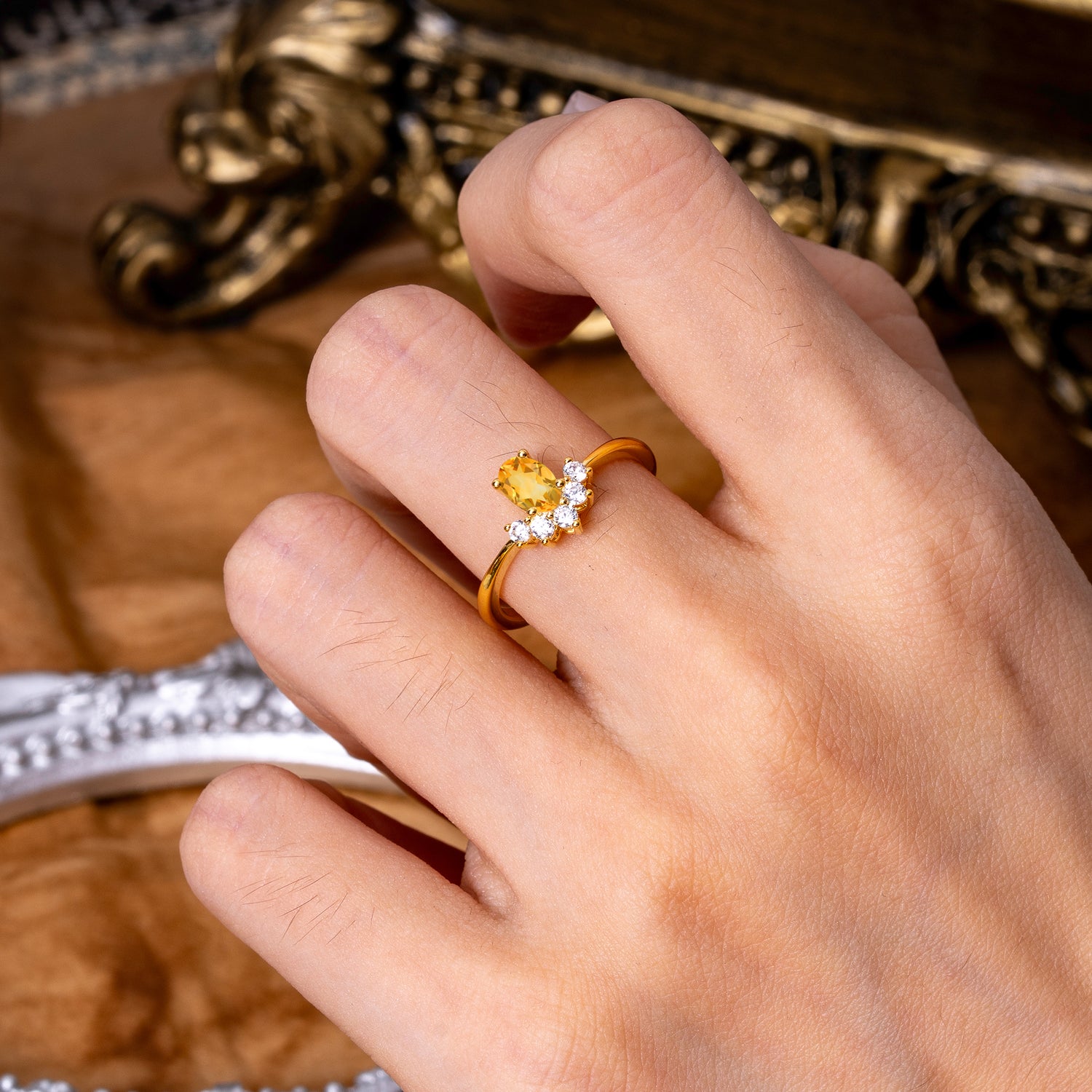 Oval Cut Unique Bottom Cluster Citrine Promise Engagement Ring for Women