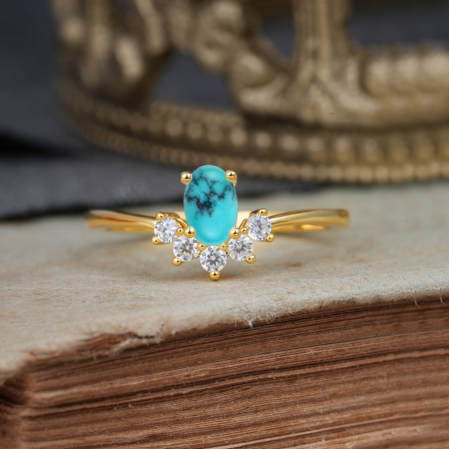 Oval Cut Unique Bottom Cluster Turquoise Promise Engagement Ring for Women