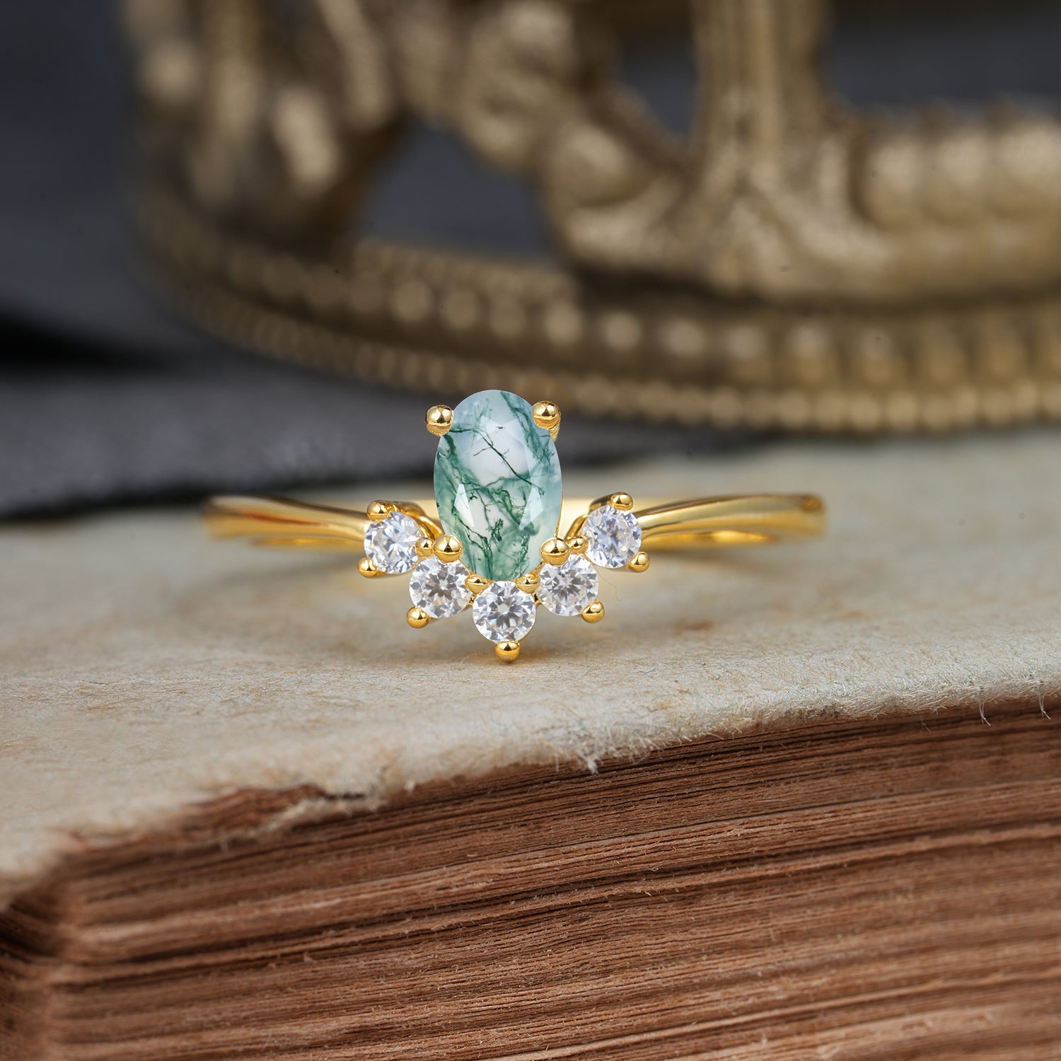 Oval Cut Unique Bottom Cluster Moss Agate Promise Engagement Ring for Women