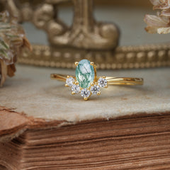 Oval Cut Unique Bottom Cluster Moss Agate Anniversary Ring for Women