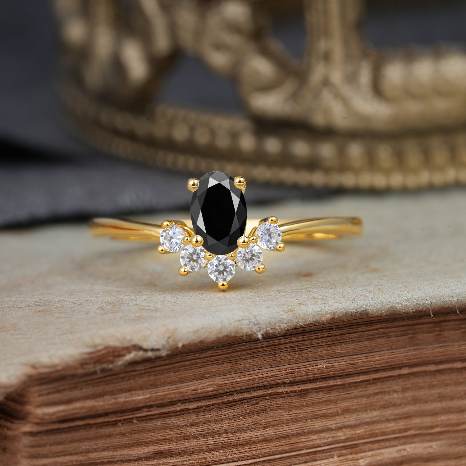 Oval Cut Unique Bottom Cluster Black Onyx Promise Engagement Ring for Women