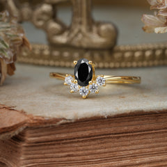 Oval Cut Unique Bottom Cluster Black Onyx Anniversary Ring for Women