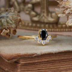 Oval Cut Unique Bottom Cluster Black Onyx Anniversary Ring for Women