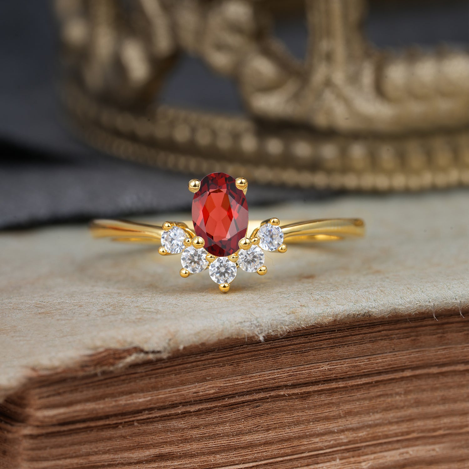 Oval Cut Unique Bottom Cluster Garnet Promise Engagement Ring for Women