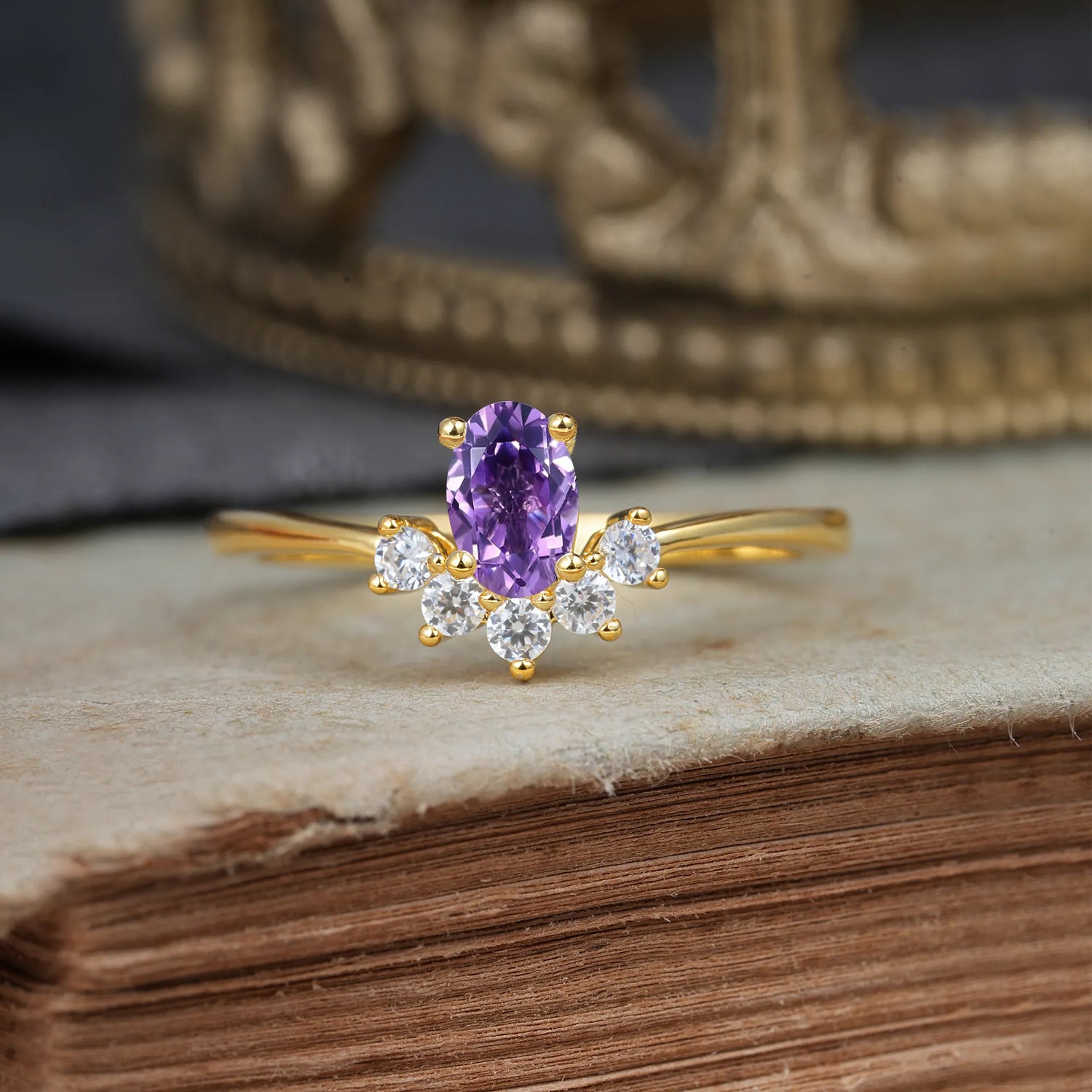 Oval Cut Unique Bottom Cluster Amethyst Promise Engagement Ring for Women