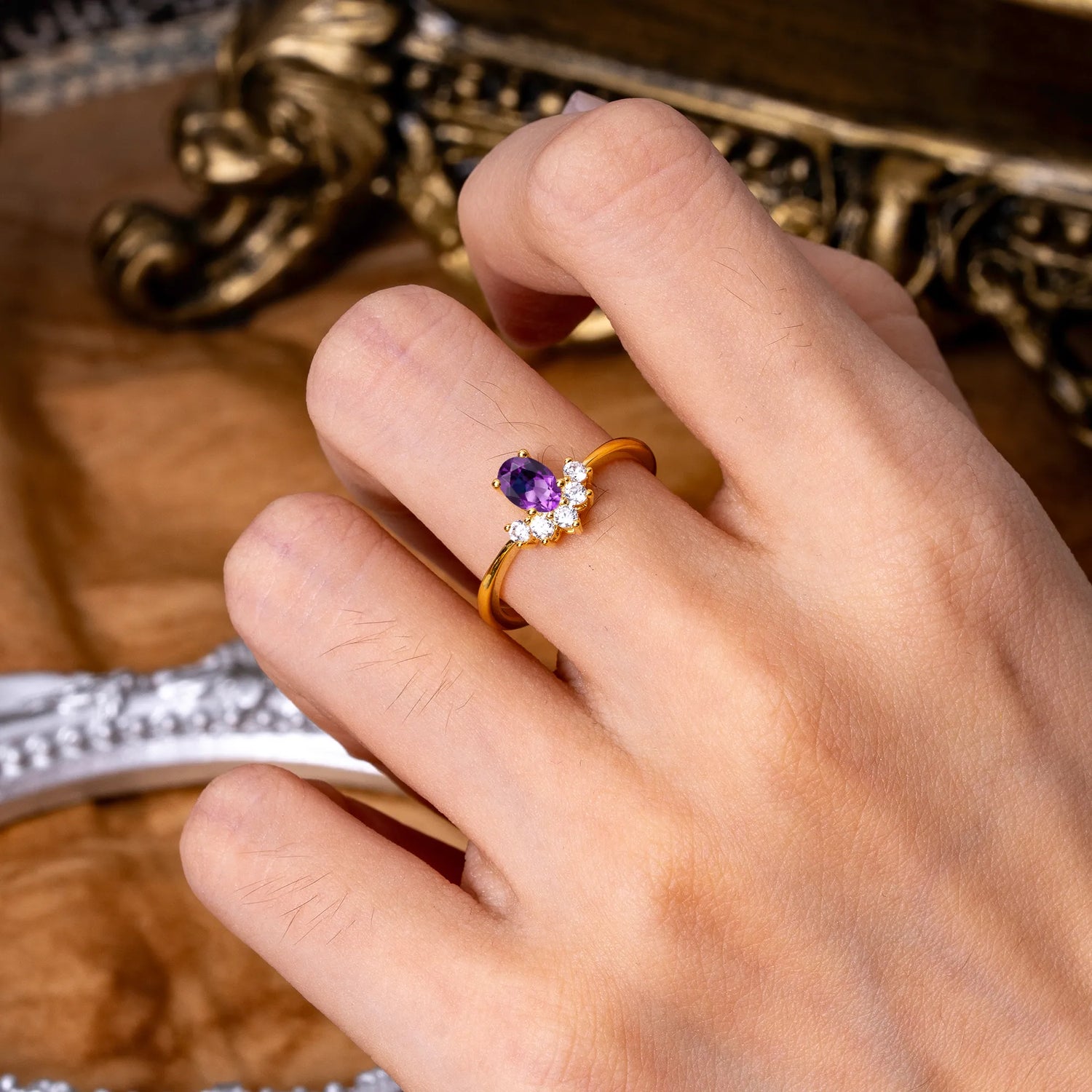 Oval Cut Unique Bottom Cluster Amethyst Promise Engagement Ring for Women