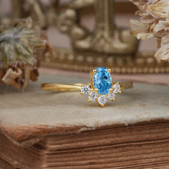 Oval Cut Unique Bottom Cluster Aquamarine Anniversary Ring for Women