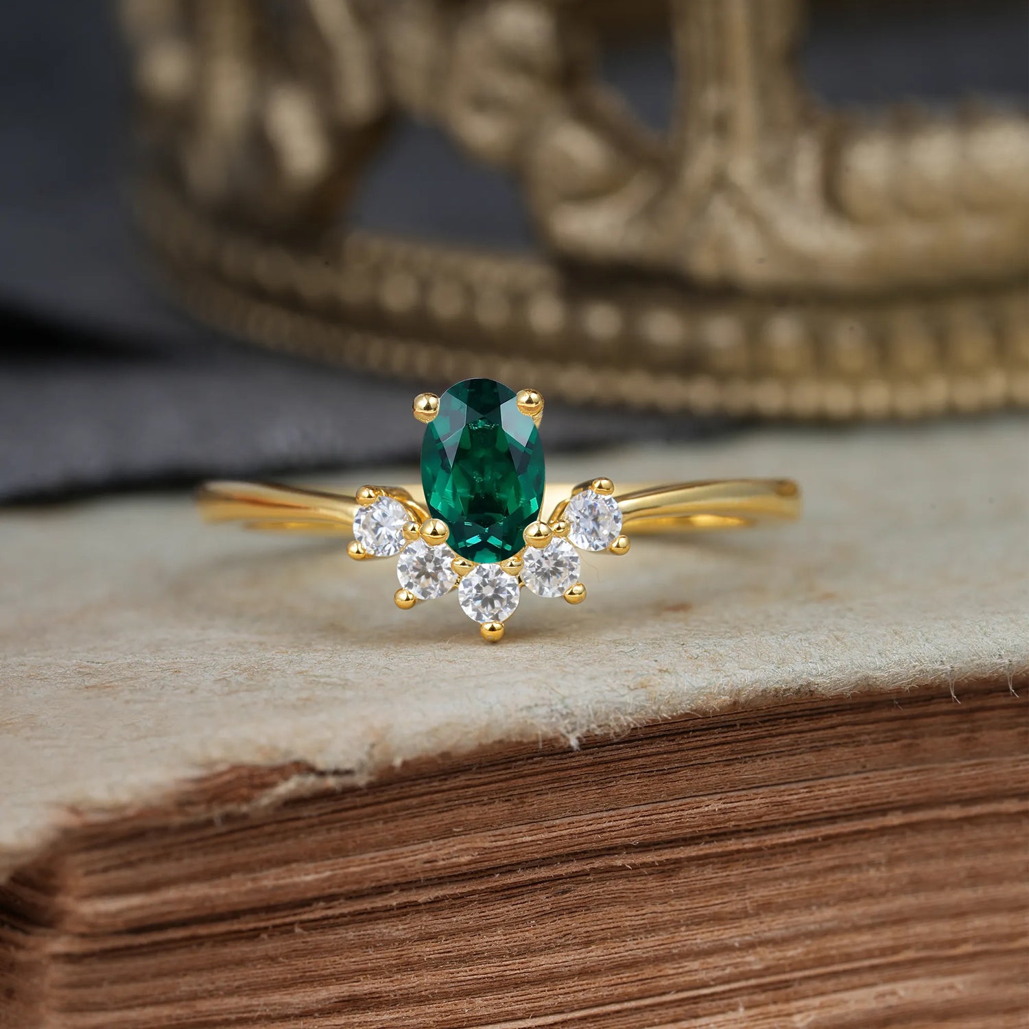 Oval Cut Unique Bottom Cluster Emerald Promise Engagement Ring for Women