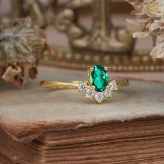 Oval Cut Unique Bottom Cluster Emerald Anniversary Ring for Women