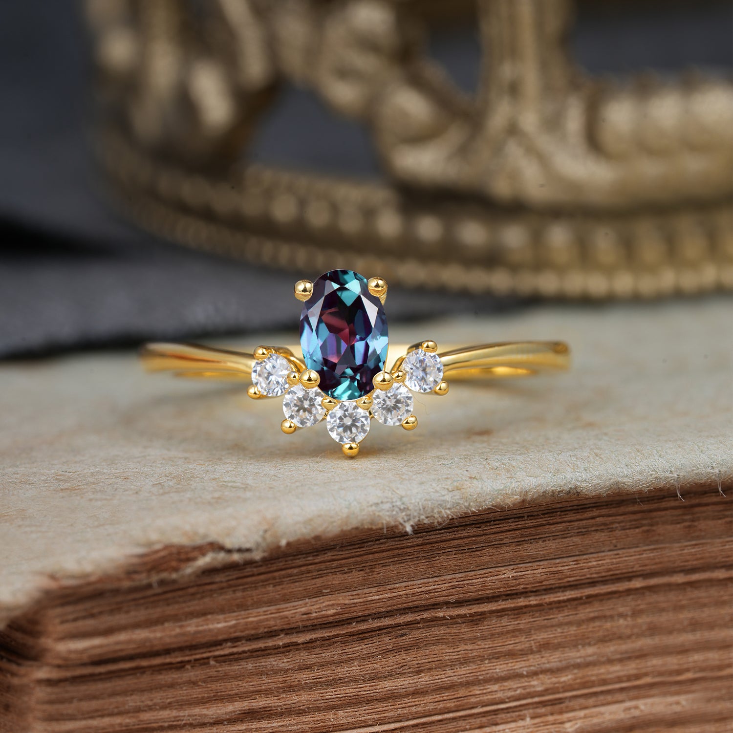 Oval Cut Unique Bottom Cluster Alexandrite Promise Engagement Ring for Women