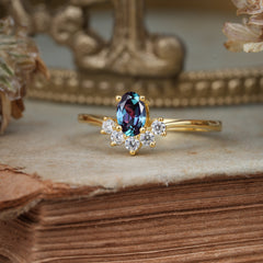 Oval Cut Unique Bottom Cluster Alexandrite Anniversary Ring for Women