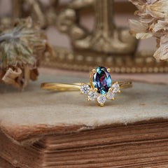 Oval Cut Unique Bottom Cluster Alexandrite Anniversary Ring for Women