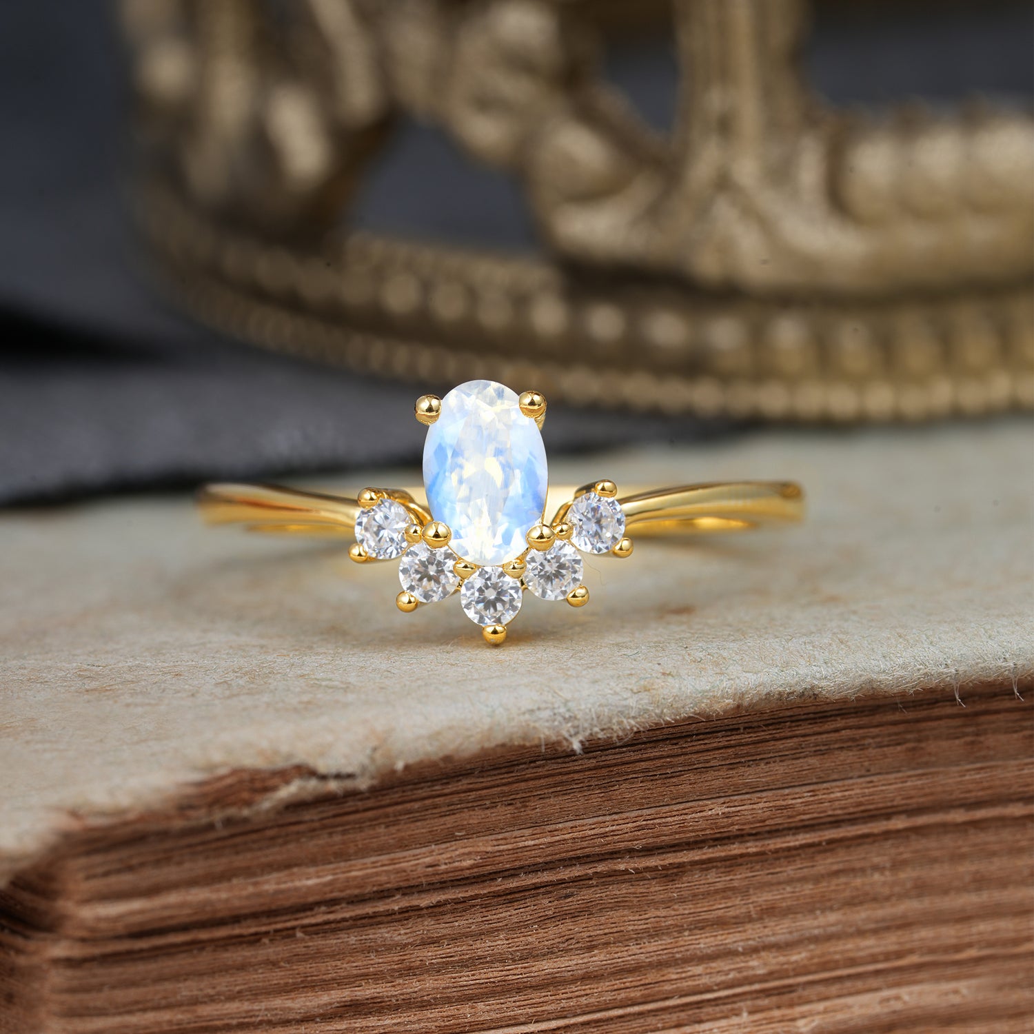 Oval Cut Unique Bottom Cluster Moonstone Promise Engagement Ring for Women