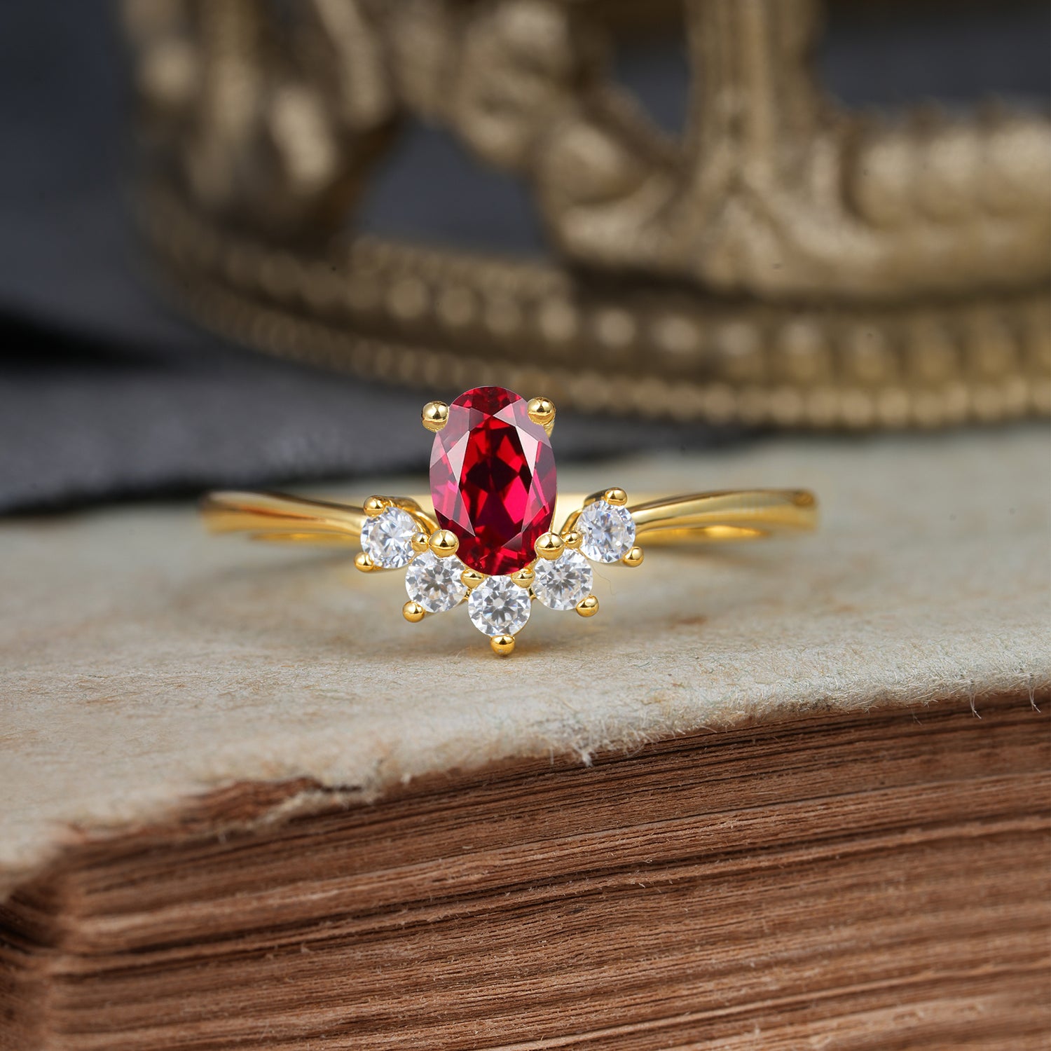 Oval Cut Unique Bottom Cluster Ruby Promise Engagement Ring for Women