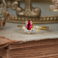 Oval Cut Unique Bottom Cluster Ruby Anniversary Ring for Women
