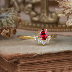 Oval Cut Unique Bottom Cluster Ruby Anniversary Ring for Women