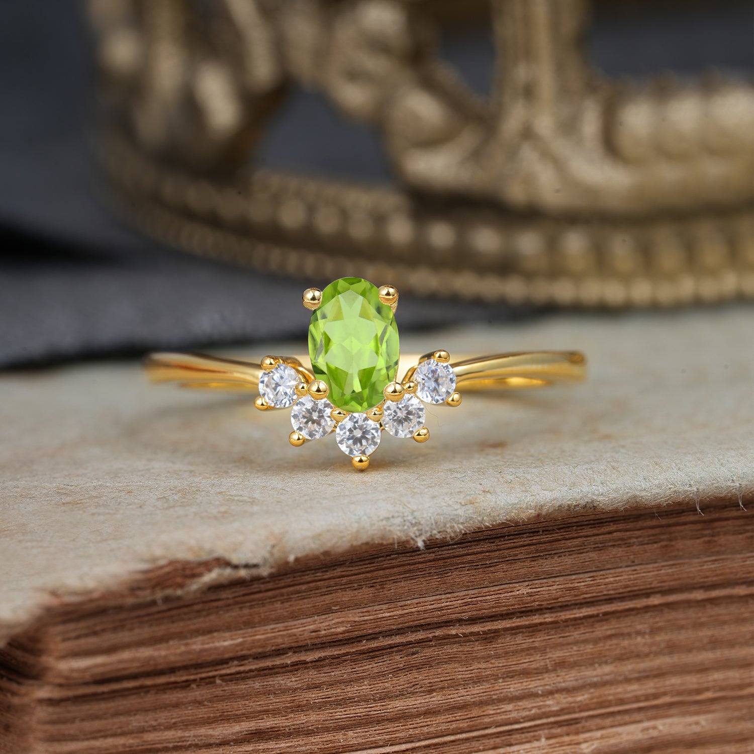 Oval Cut Unique Bottom Cluster Peridot Promise Engagement Ring for Women