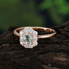 Emerald Cut Moss Agate Ring Classic Lab Grown Aquamarine Halo Promise Ring