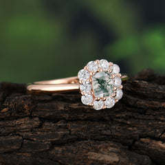 Emerald Cut Moss Agate Ring Classic Lab Grown Aquamarine Halo Promise Ring