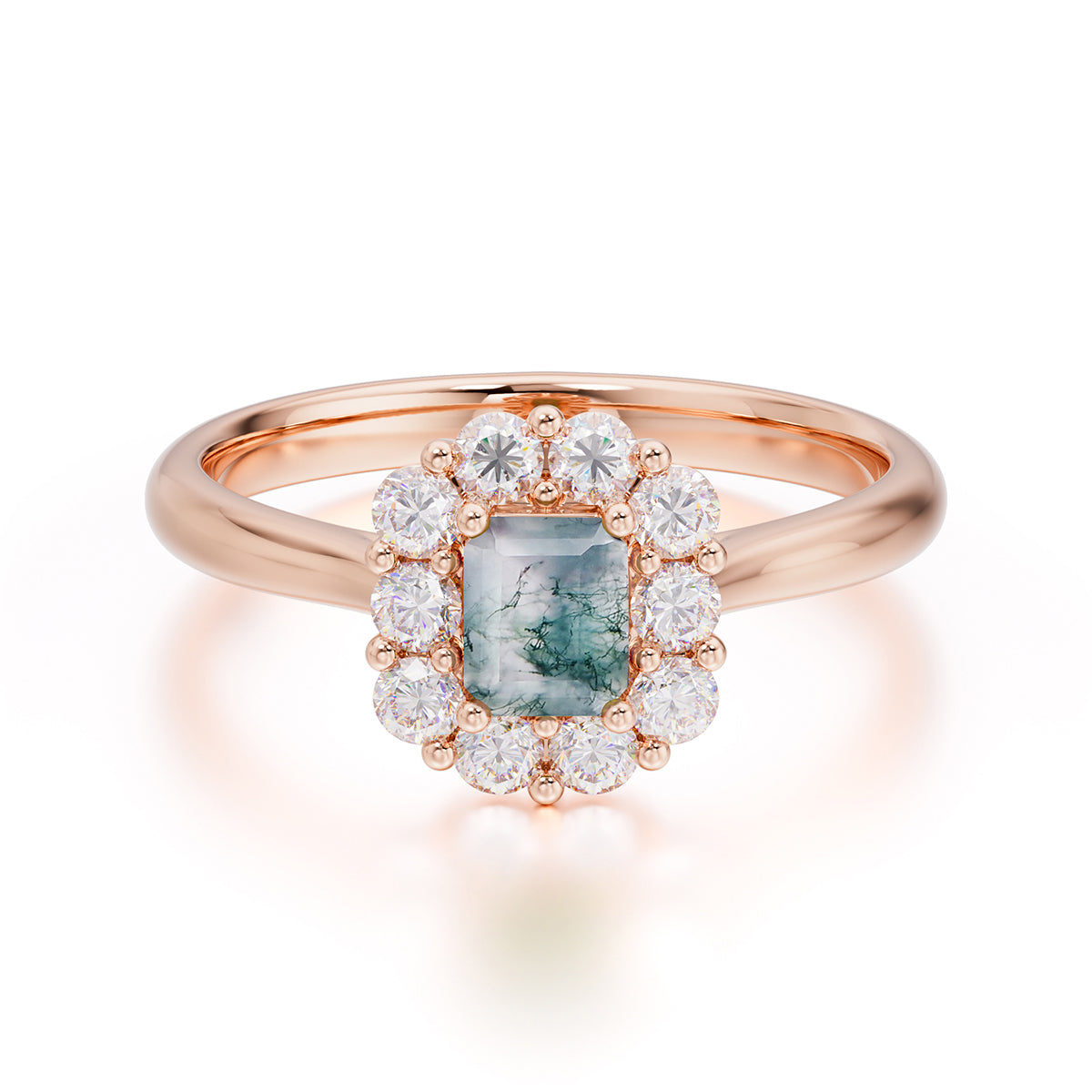 Emerald Cut Moss Agate Ring Classic Lab Grown Aquamarine Halo Promise Ring