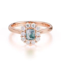 Emerald Cut Moss Agate Ring Classic Lab Grown Aquamarine Halo Promise Ring