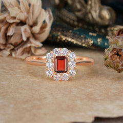 Natural Garnet Emerald Cut  Halo Promise Ring For Her