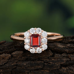 Emerald Cut Engagement Ring Classic Lab Grown Garnet Halo Promise Ring
