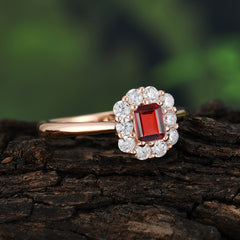 Emerald Cut Engagement Ring Classic Lab Grown Garnet Halo Promise Ring