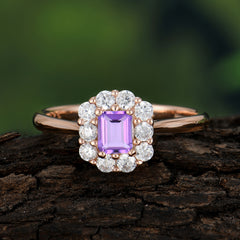 Emerald Cut Engagement Ring Classic Lab Grown Amethyst Halo Promise Ring